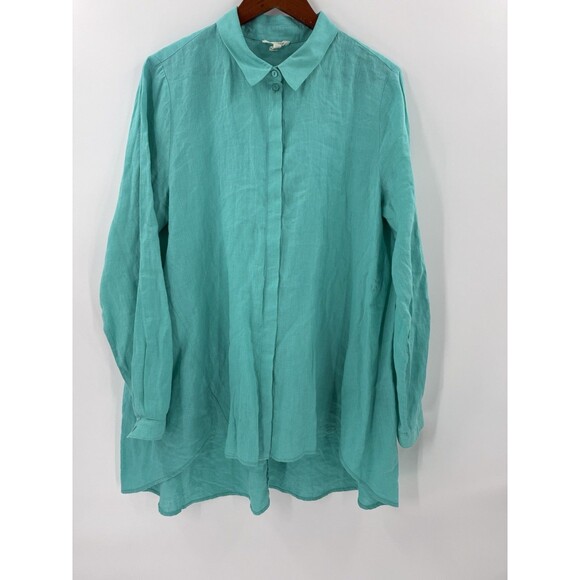 Eileen Fisher Shirt 100% Organic Irish Linen ButtonFront A Line Tunic Aqua LARGE - Picture 3 of 13